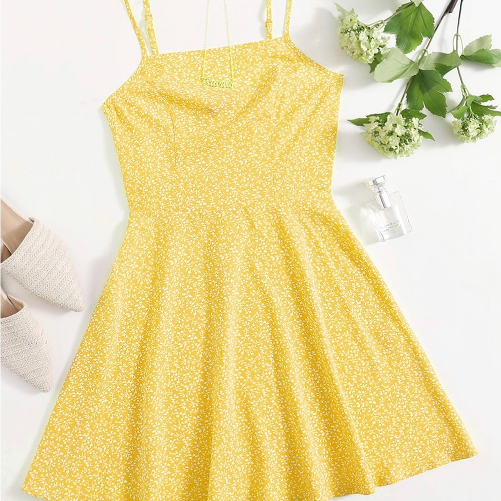 Shein Allover Plants Flared Hem Dress